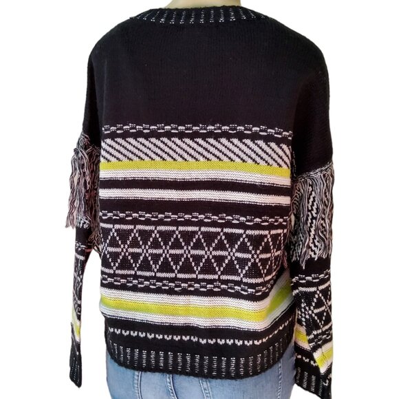 Full Circle Sweater Women Junior's Size XL Crop Fringe Detail Stripe Black Green - Picture 3 of 10